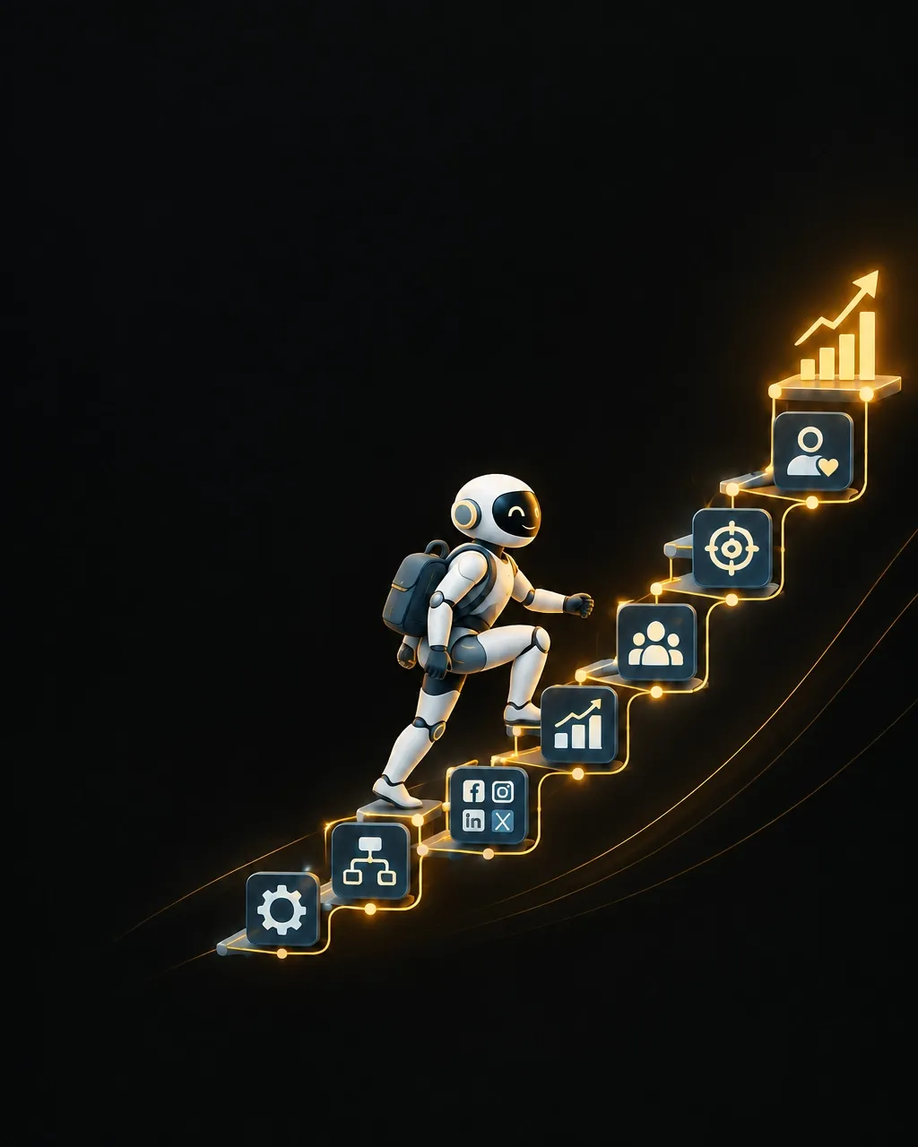 AI automation growth staircase graphic with a robot climbing glowing business workflow icons